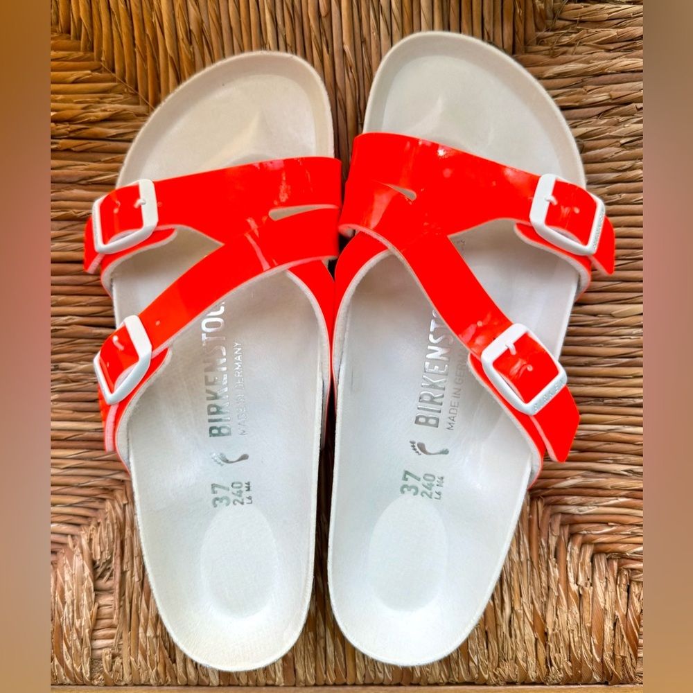 Birkenstock Yao Balance Shiny Neon Orange Double Strap Sandals - Picture 2 of 8